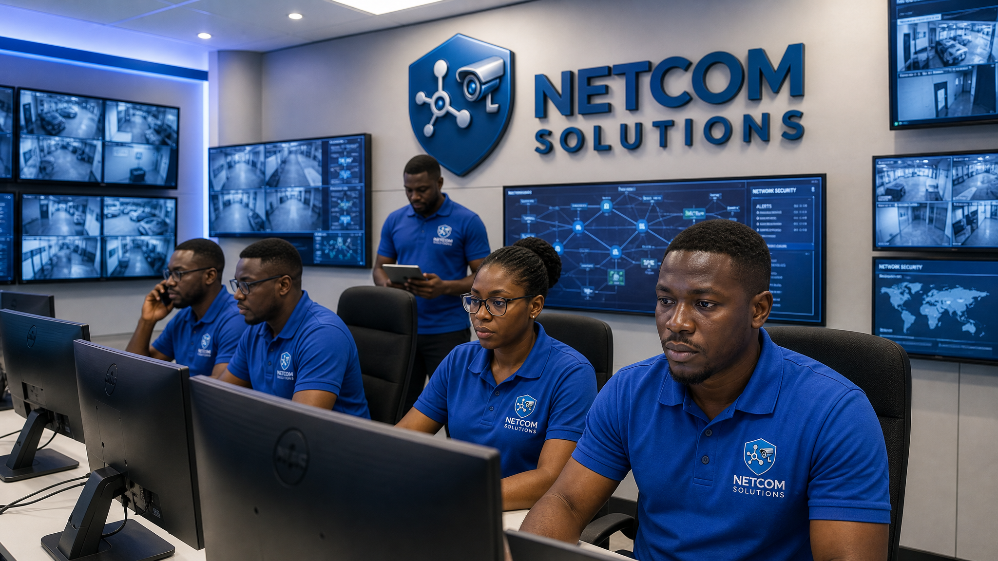 Netcom Solutions team monitoring CCTV and network security in the operations center